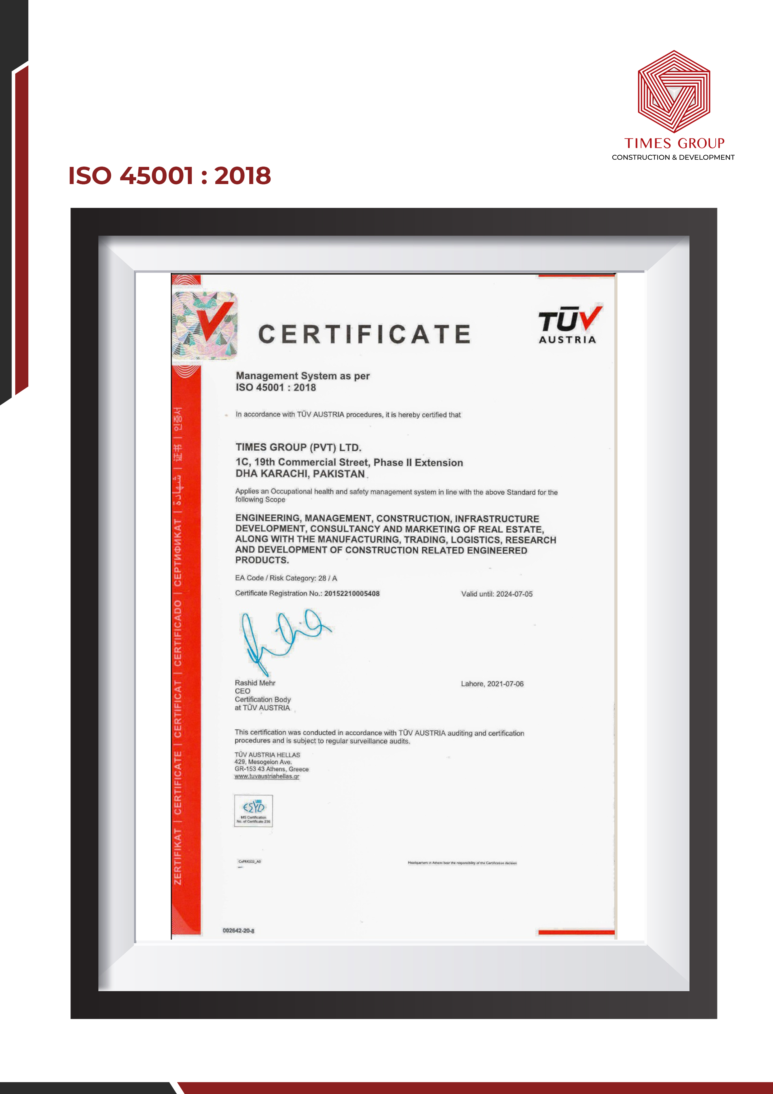 ISO 45001 2018 certificate
